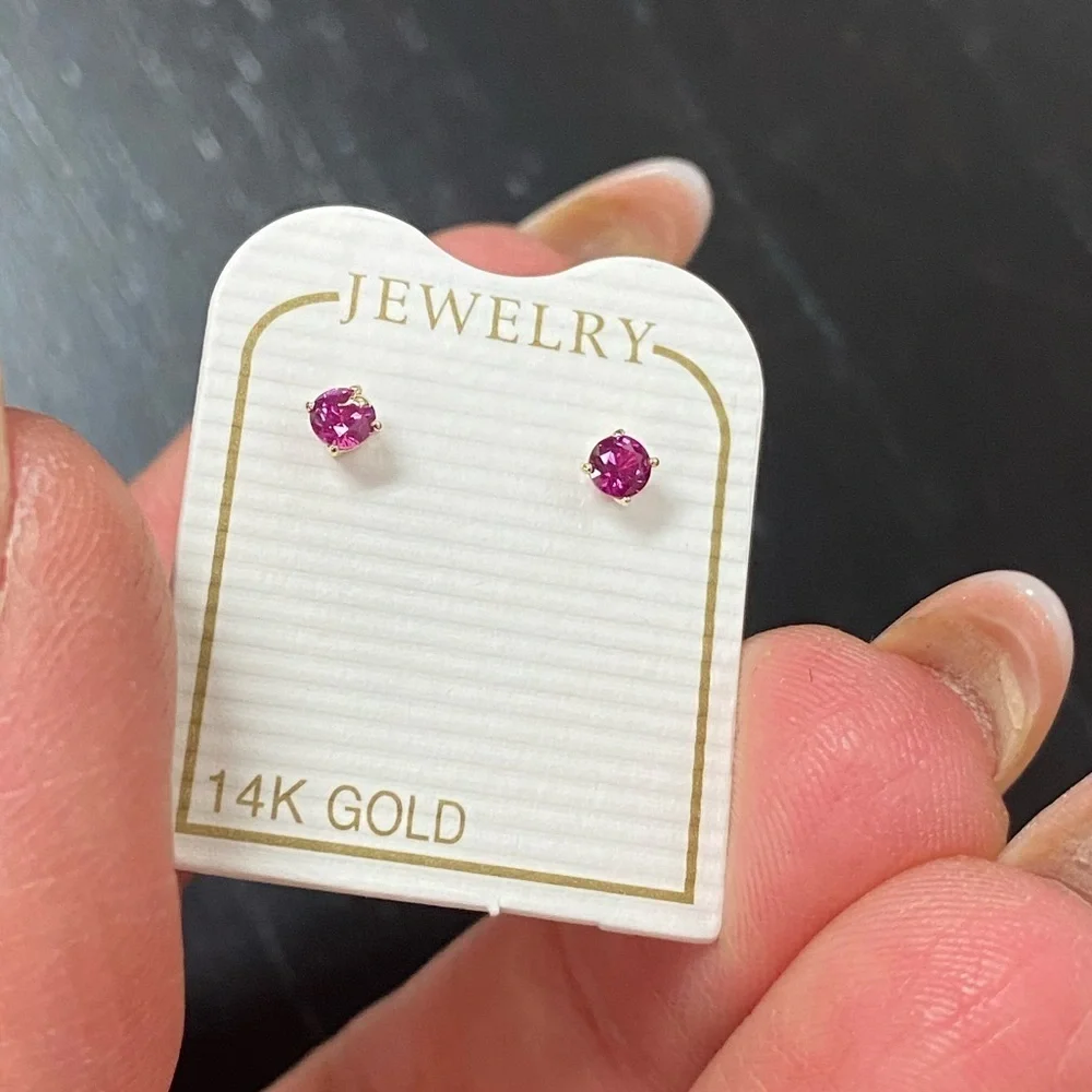 14K YELLOW GOLD pink cz stone Earrings 3mm Stud Earrings with Screw back